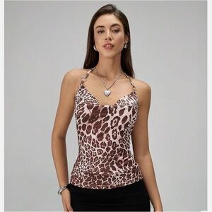 NWOTS Brown & White Leopard Top Blouse L Halter Cami Club Sexy Cropped